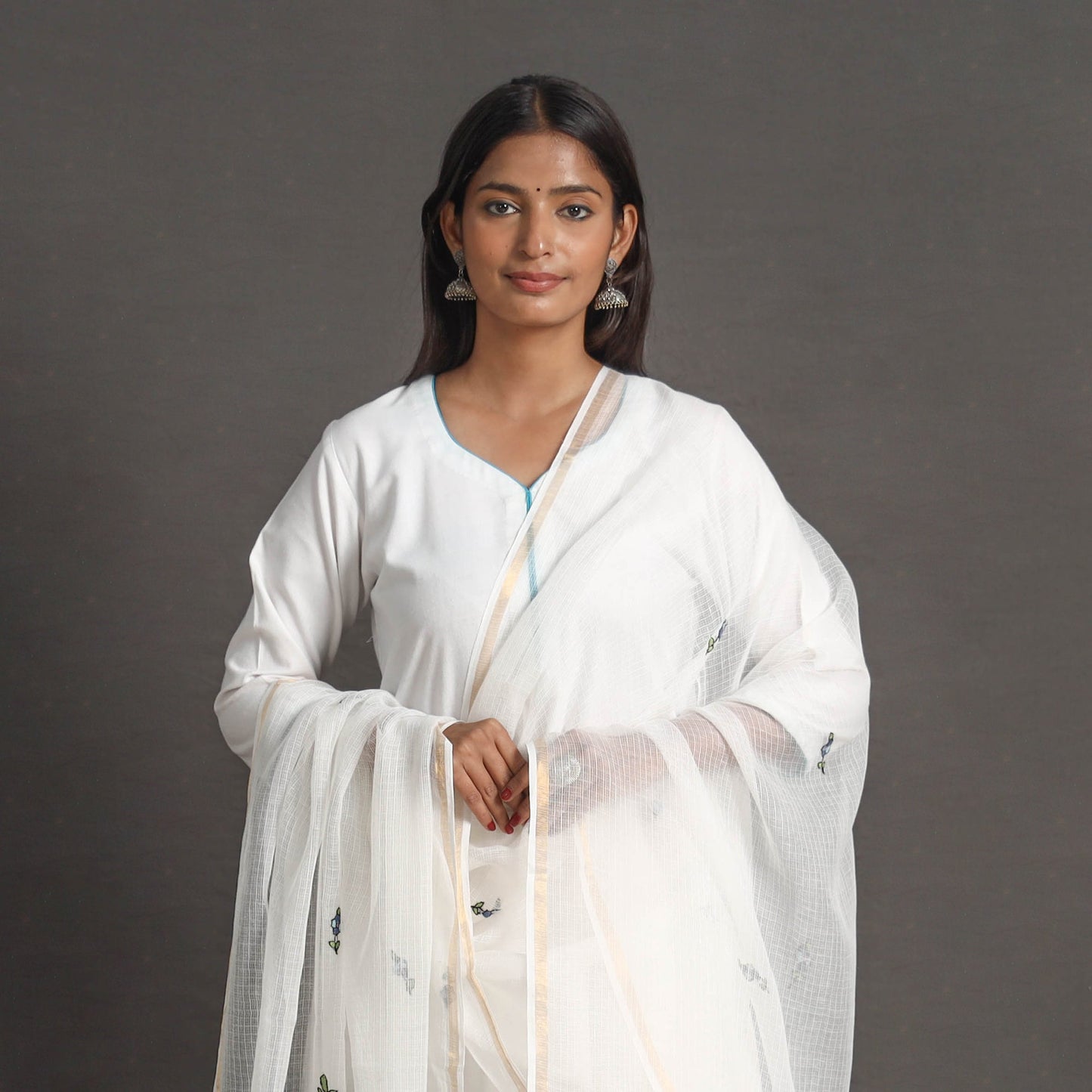 White - kota doria silk cotton kashida embroidery dupatta