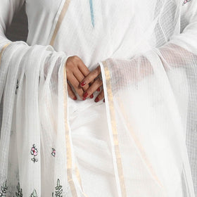 White - kota doria silk cotton kashida embroidery dupatta