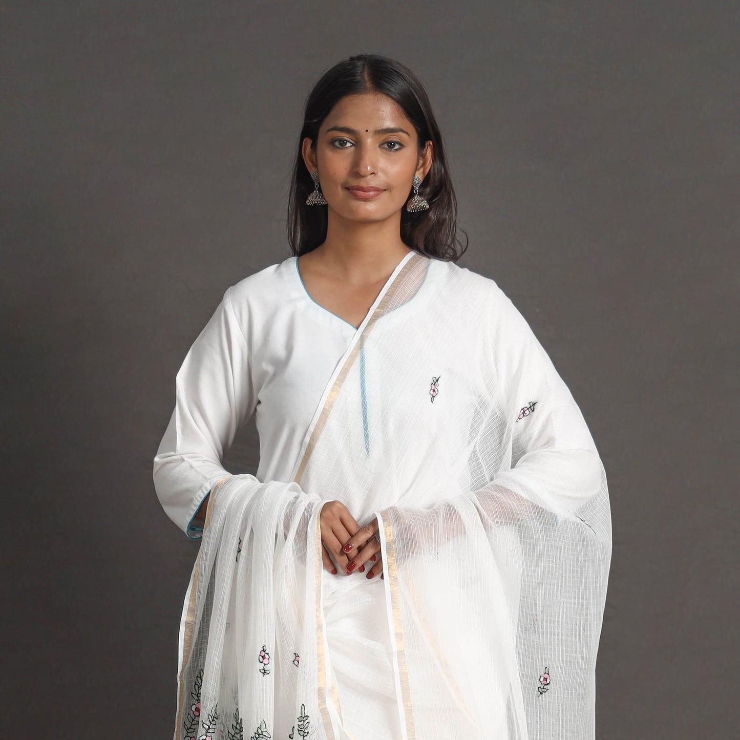 White - kota doria silk cotton kashida embroidery dupatta