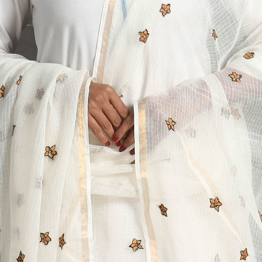 White - kota doria silk cotton kashida embroidery dupatta
