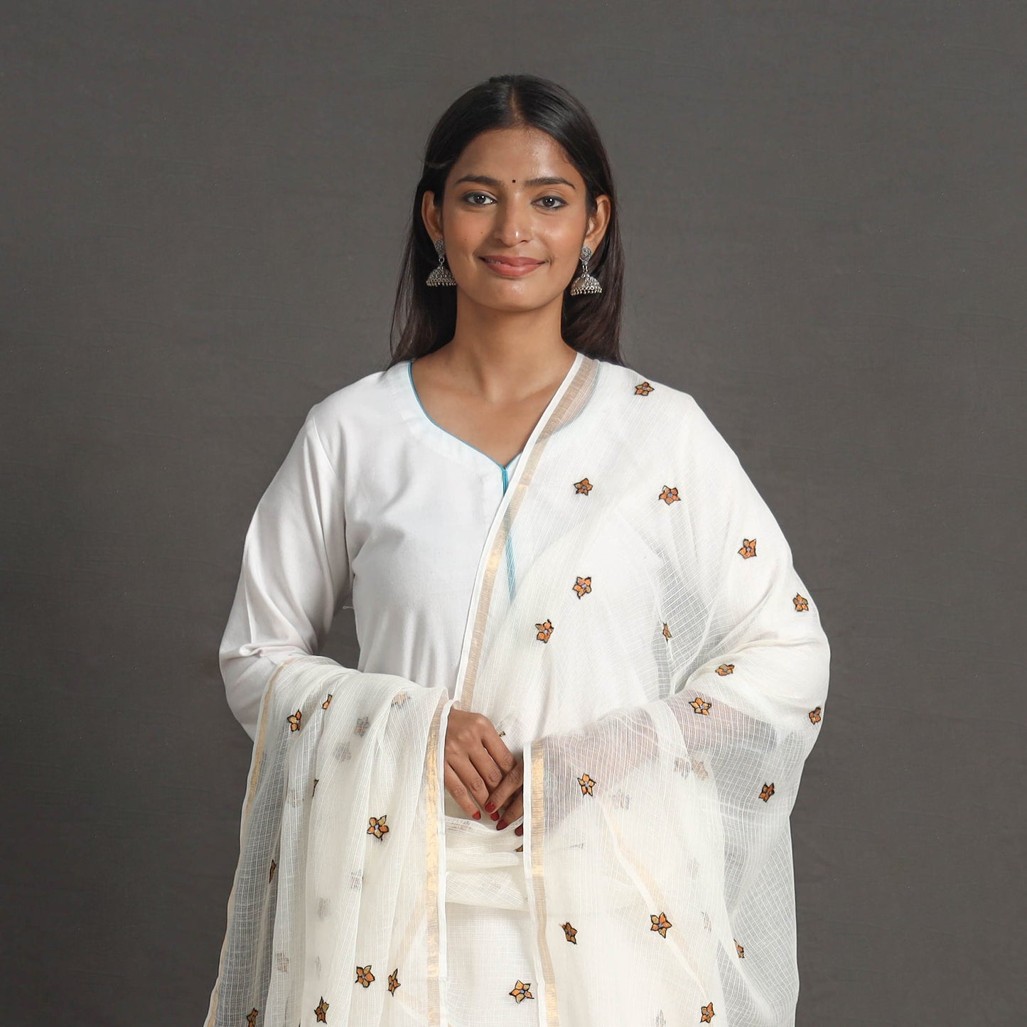 White - kota doria silk cotton kashida embroidery dupatta