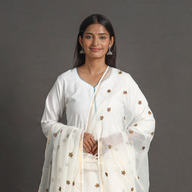 White - kota doria silk cotton kashida embroidery dupatta