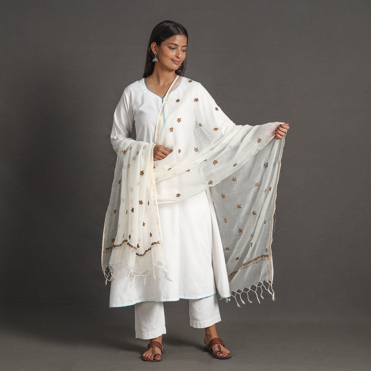 White - kota doria silk cotton kashida embroidery dupatta