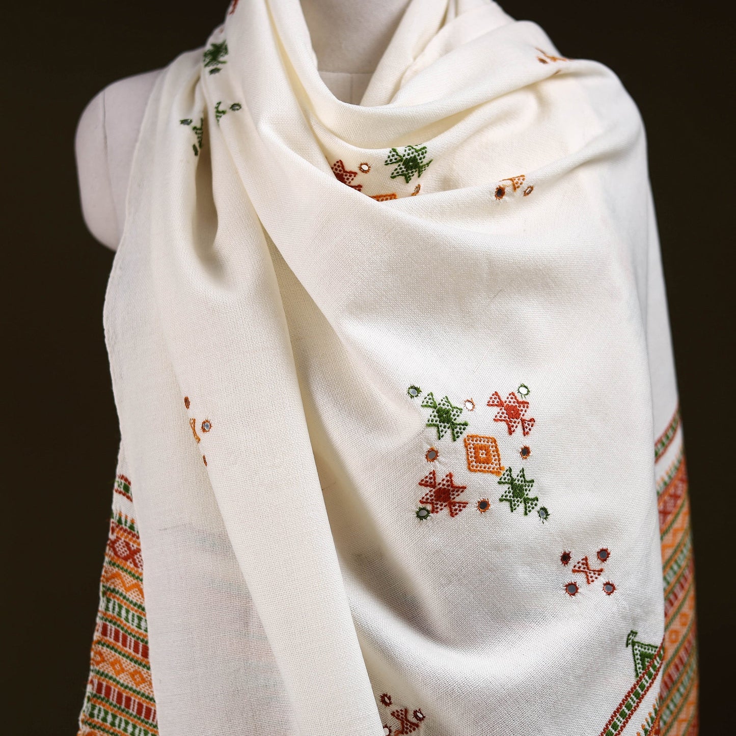 Kutch bhujodi handwoven mirror work acrylic wool shawl 47