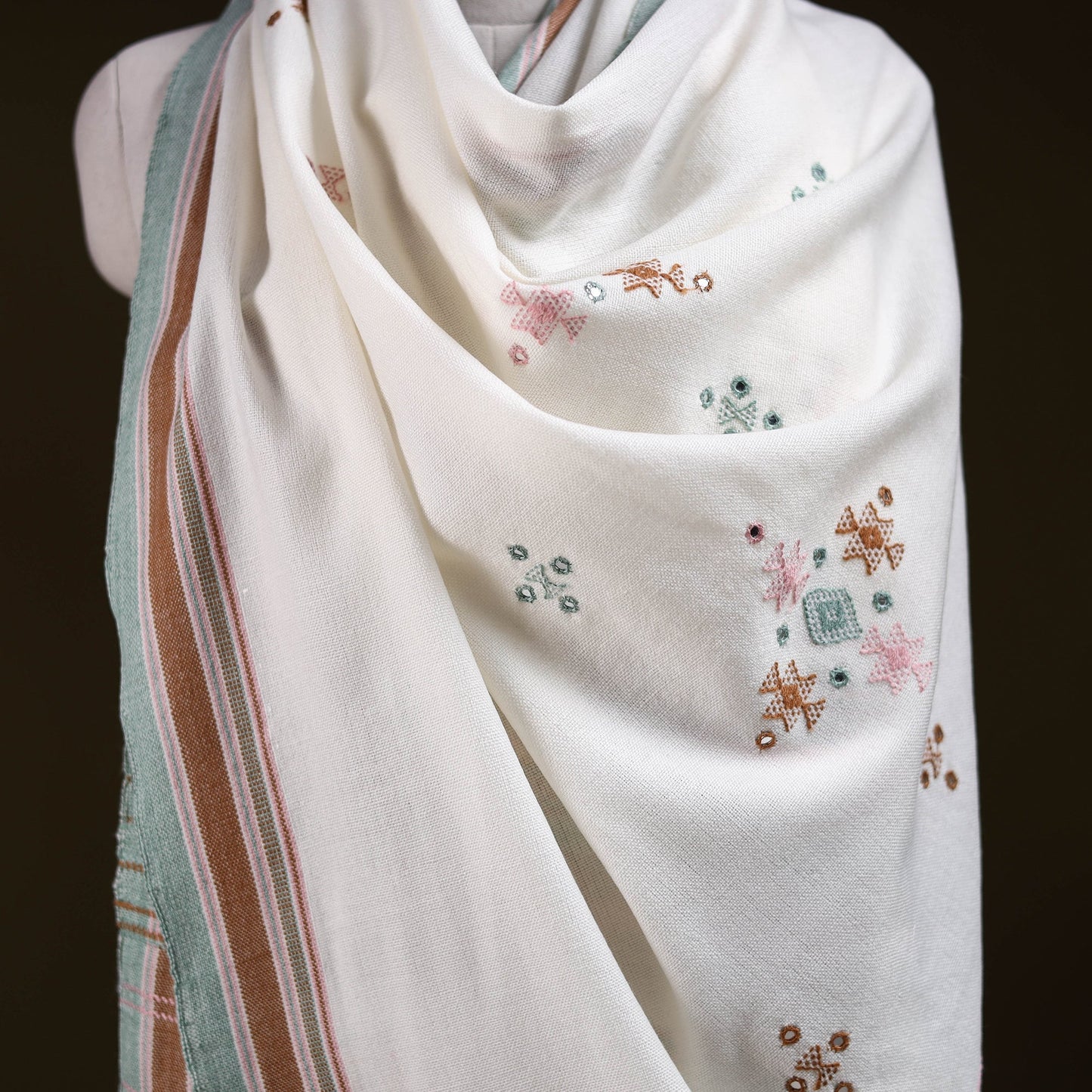 Kutch bhujodi handwoven mirror work acrylic wool shawl 49