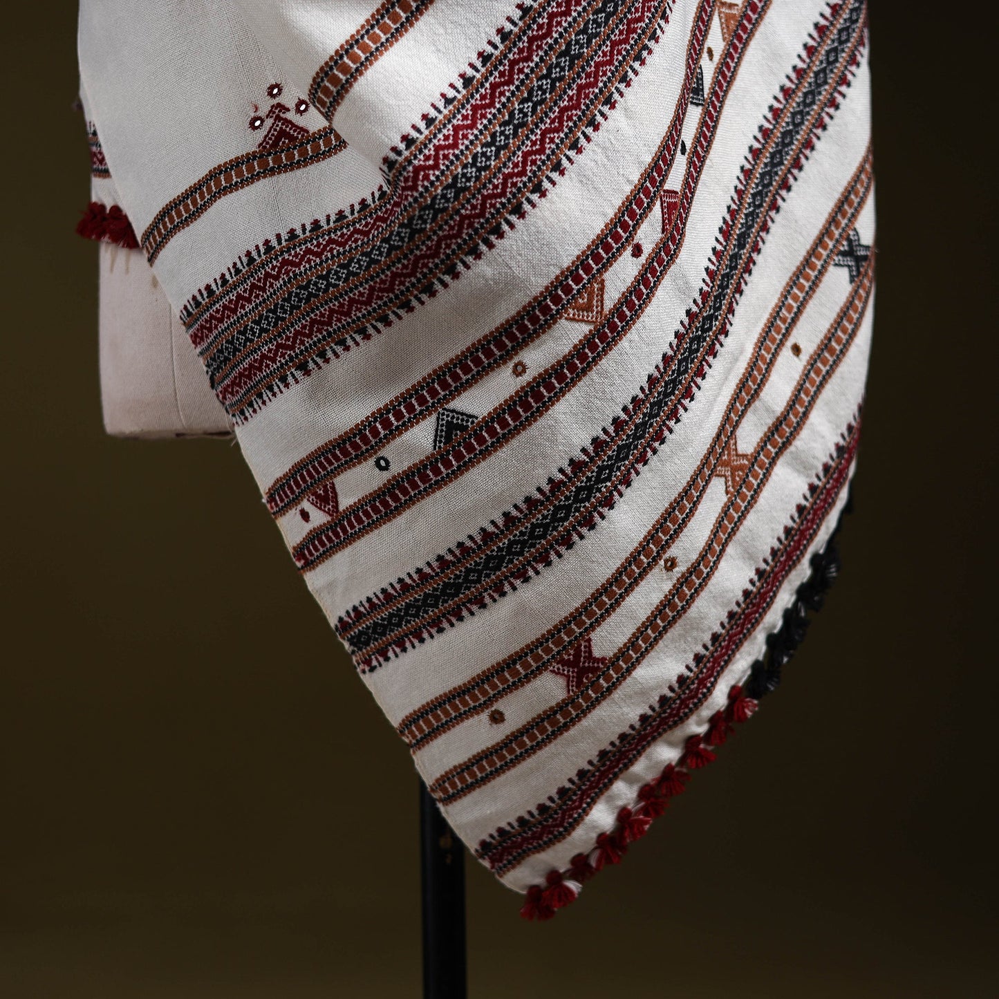 White - kutch bhujodi handwoven mirror work woollen shawl