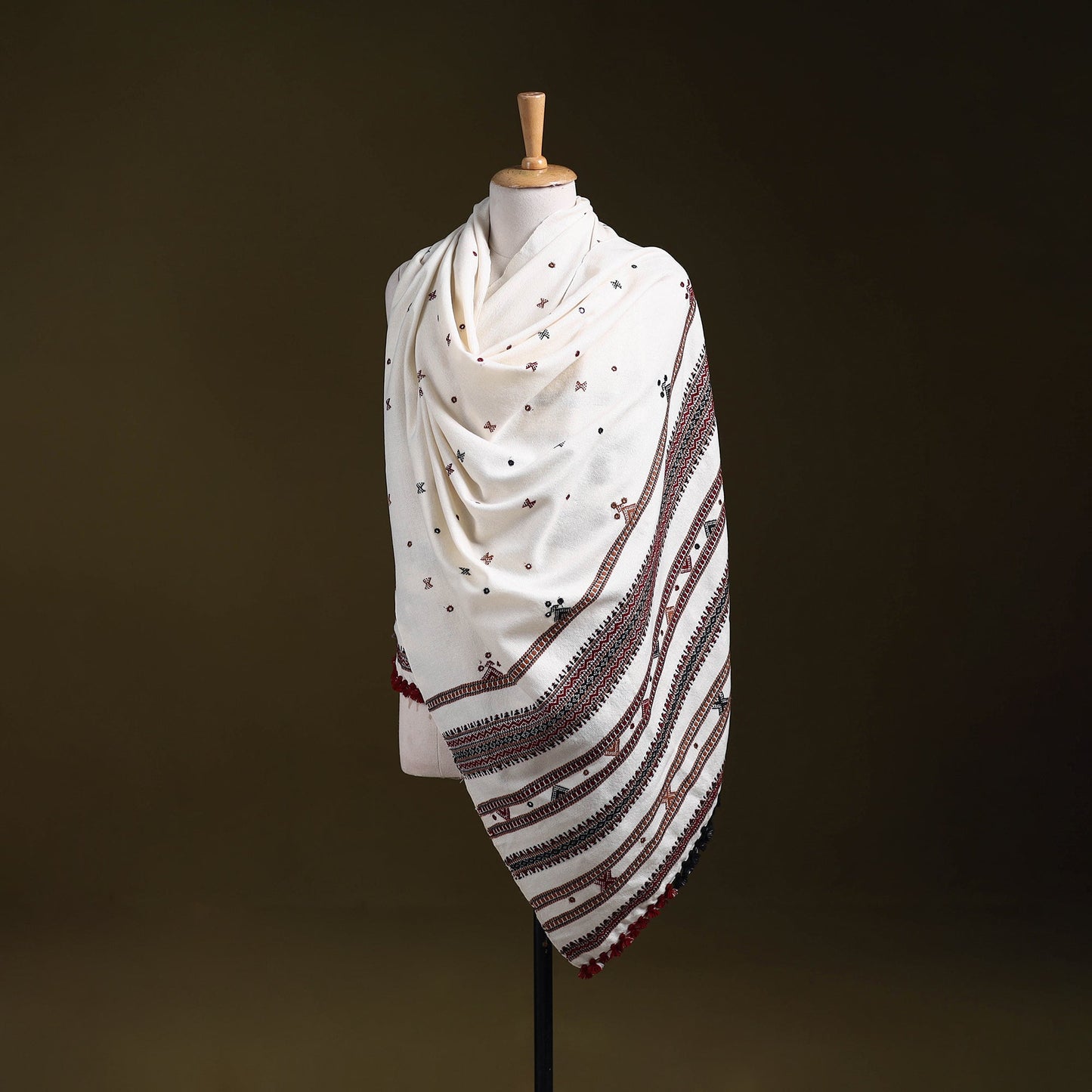 White - kutch bhujodi handwoven mirror work woollen shawl