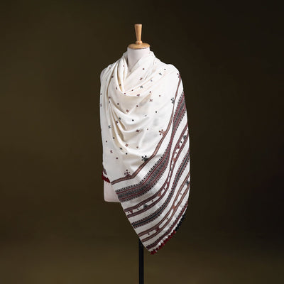 White - kutch bhujodi handwoven mirror work woollen shawl