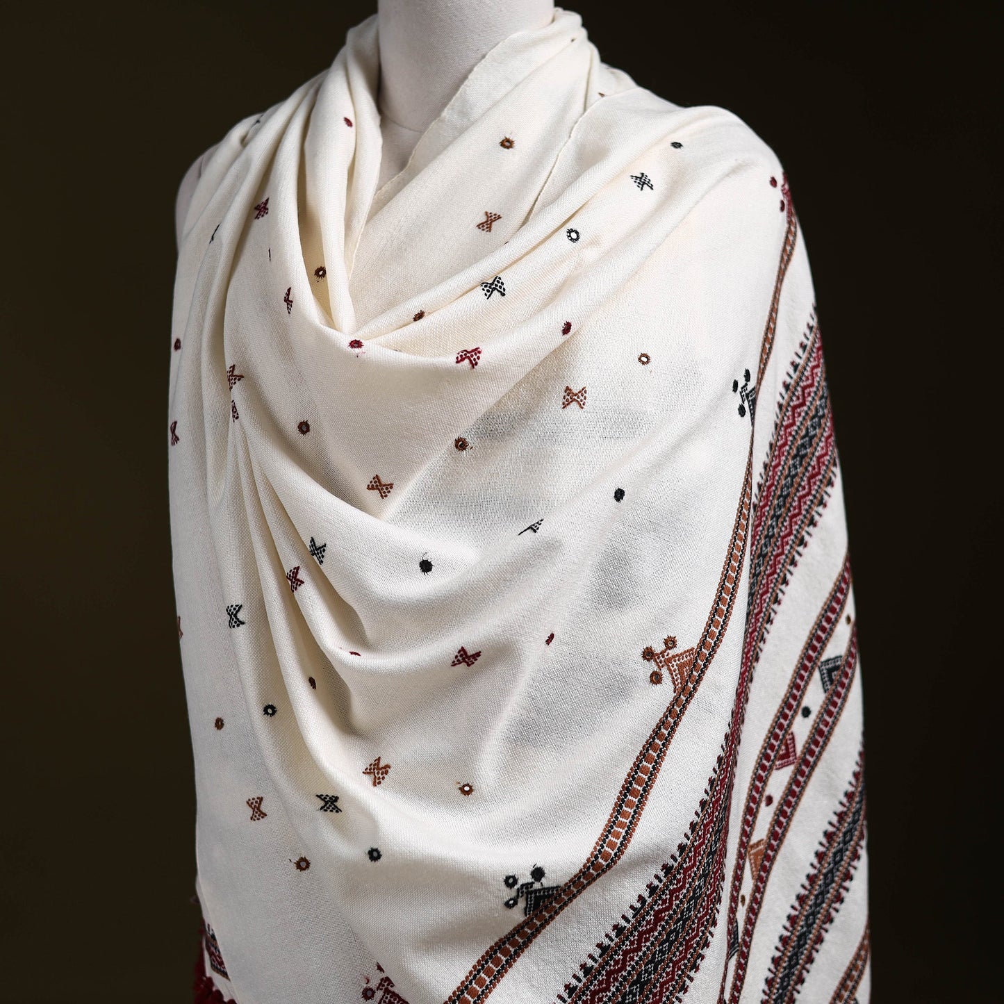 White - kutch bhujodi handwoven mirror work woollen shawl