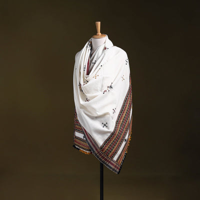 White - kutch bhujodi handwoven mirror work woollen shawl