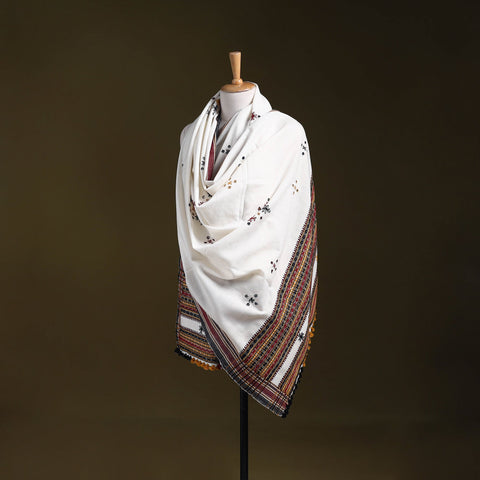 White - kutch bhujodi handwoven mirror work woollen shawl