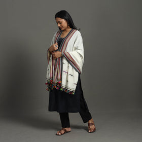 White Kutch Bhujodi Weaving Mirror Work Handloom Woolen Shawl