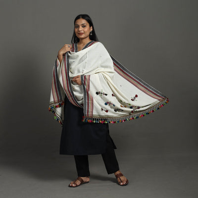 White Kutch Bhujodi Weaving Mirror Work Handloom Woolen Shawl