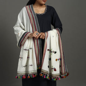 White Kutch Bhujodi Weaving Mirror Work Handloom Woolen Shawl