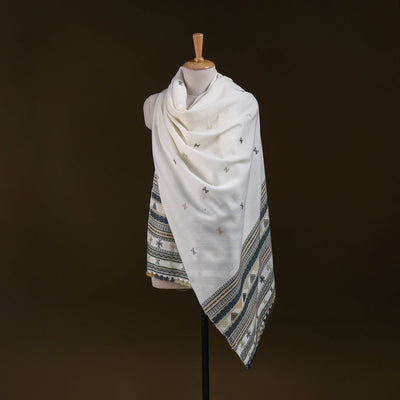 White - kutch handwoven acrylic wool shawl 154 - handcrafted