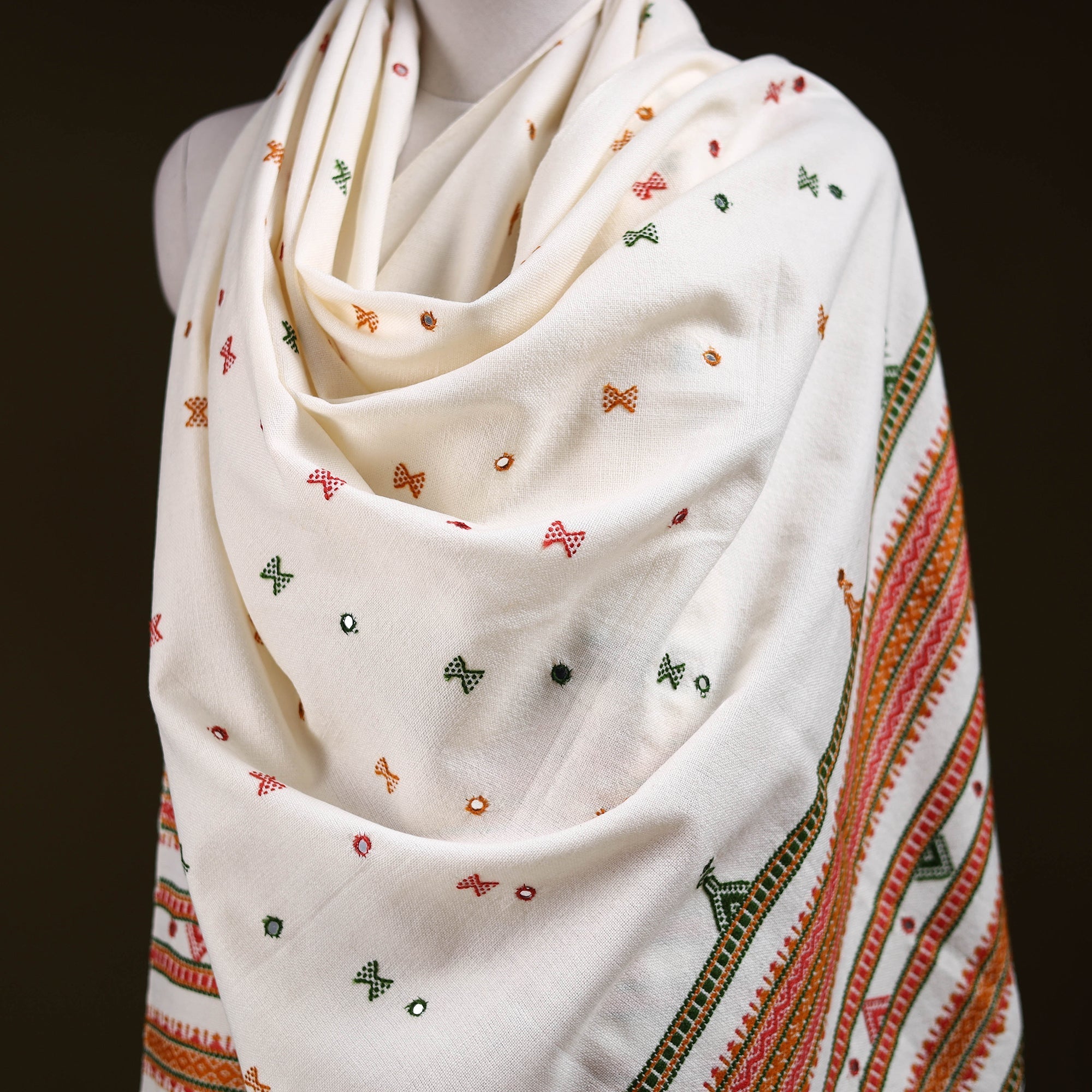Handwork Wool White Kutch Handwoven Mirror Work Acrylic Wool Shawl