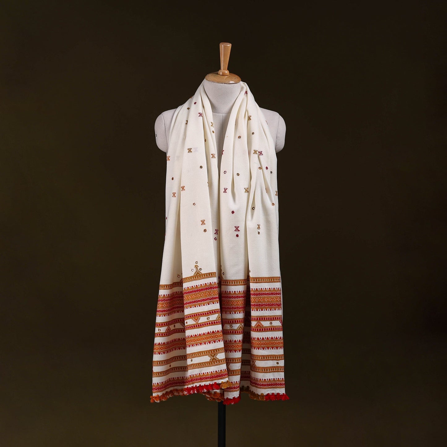 White - kutch bhujodi handwoven mirror work acrylic wool