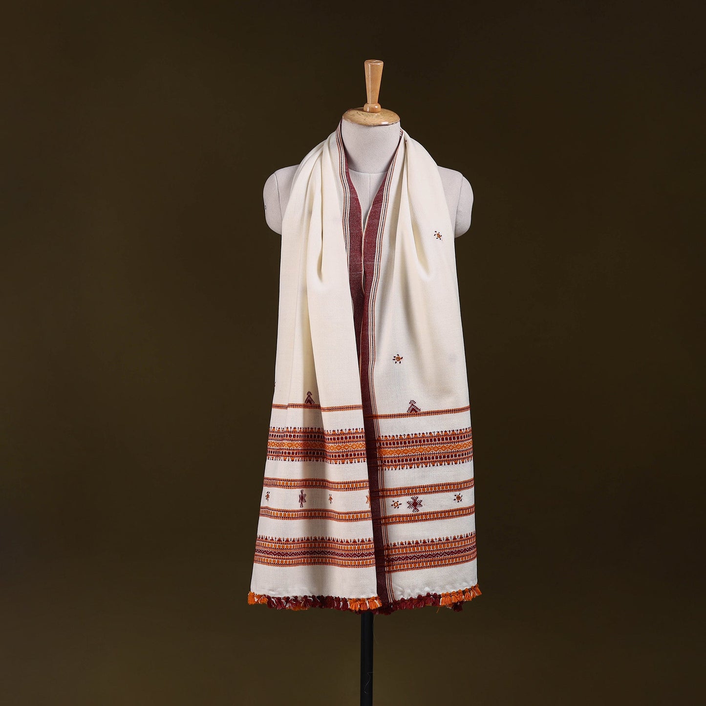 White - kutch handwoven mirror work acrylic wool shawl 158