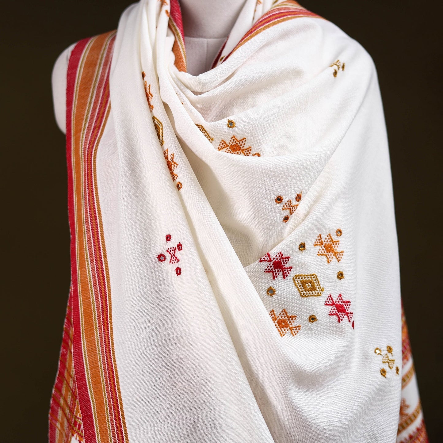 Kutch bhujodi handwoven mirror work acrylic wool shawl 46