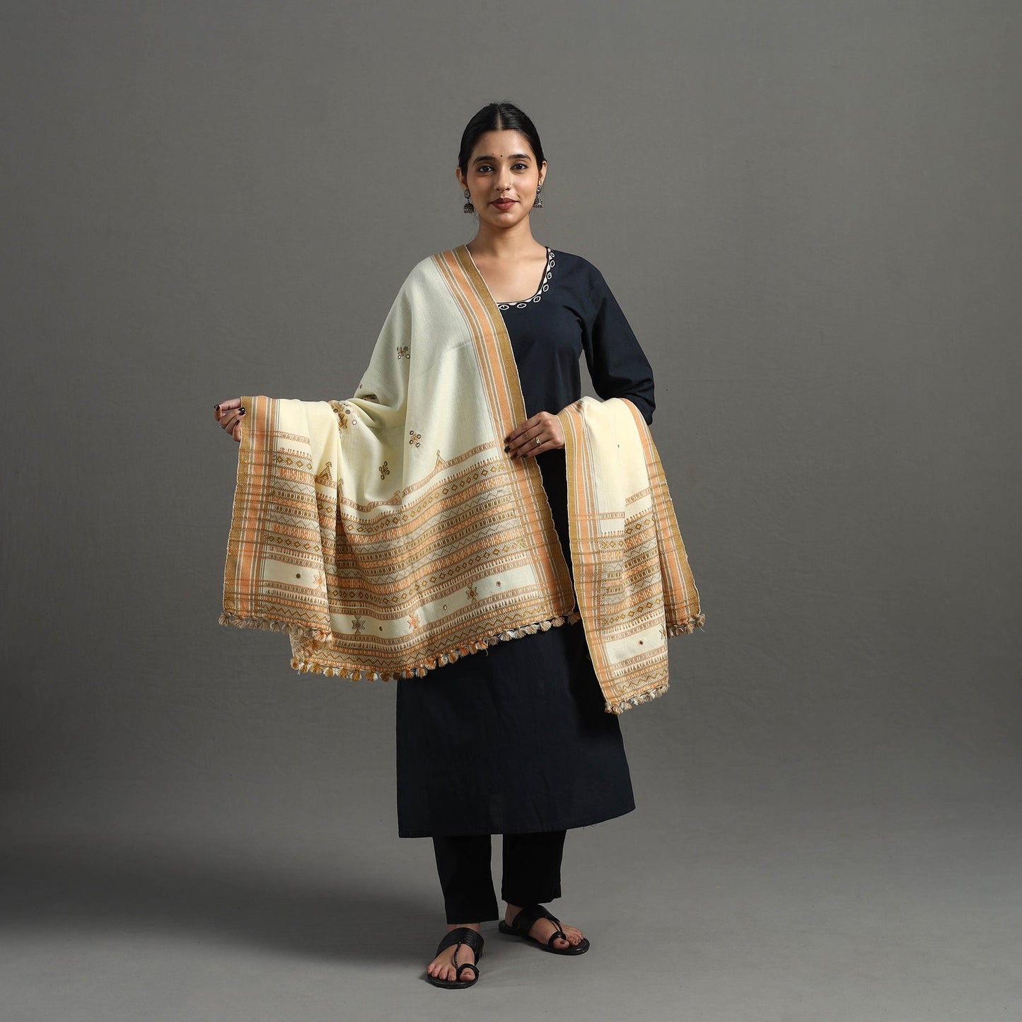  White Kutch Handwoven Mirror Work Woollen Shawl 