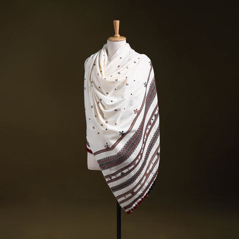 White - kutch bhujodi handwoven mirror work woollen shawl