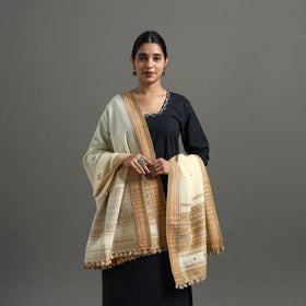  White Kutch Handwoven Mirror Work Woollen Shawl 