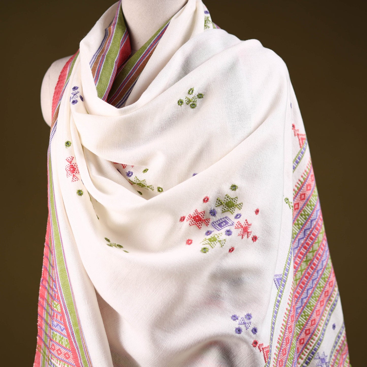 Kutch handwoven mirror work chomuk buta acrylic wool shawl