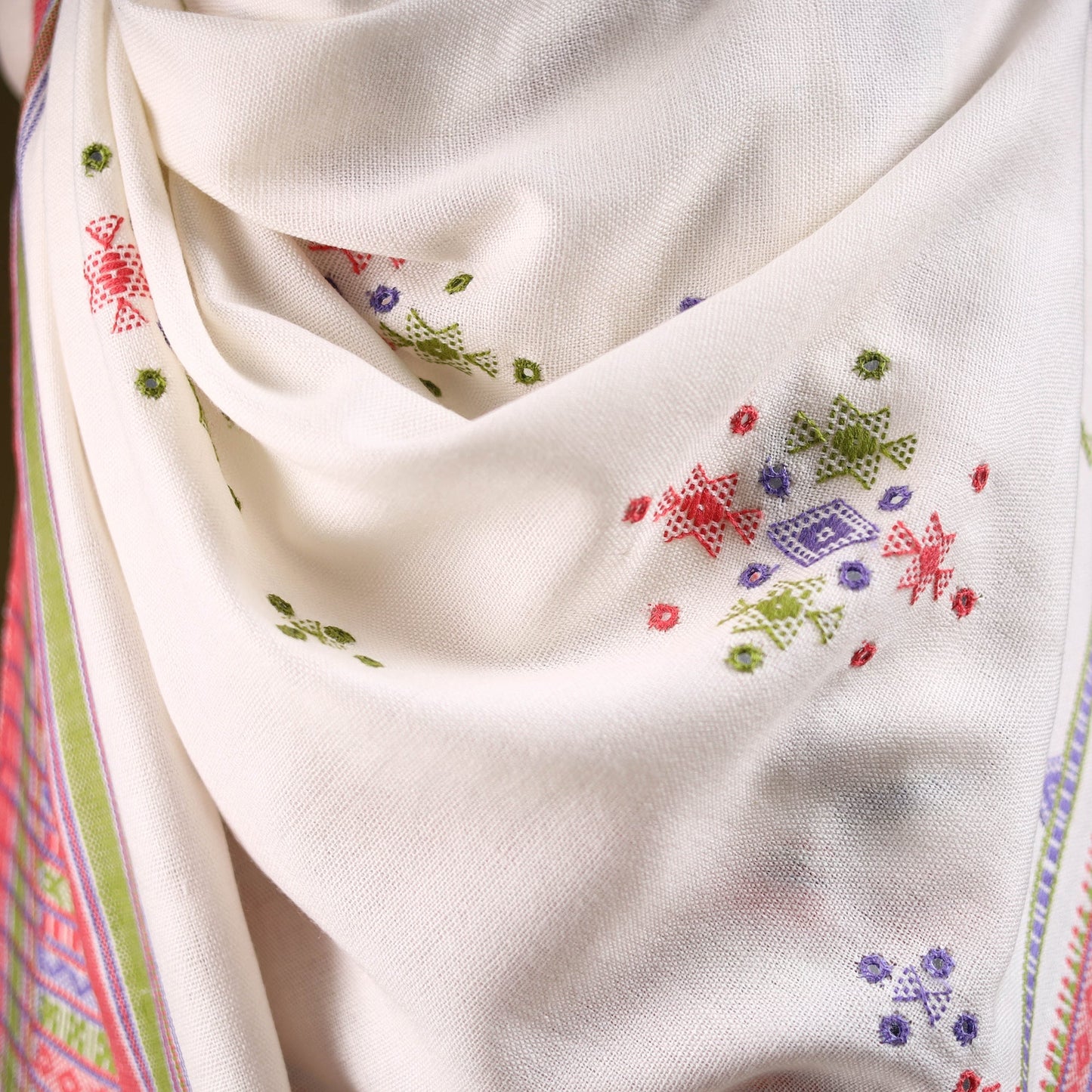 Kutch handwoven mirror work chomuk buta acrylic wool shawl