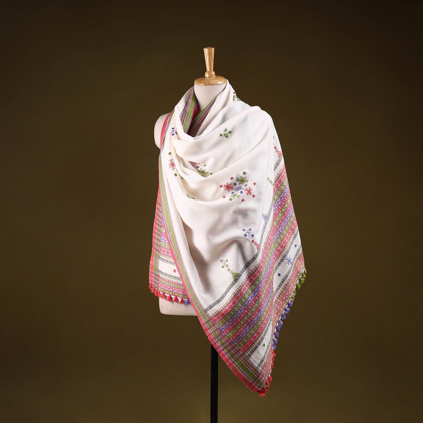 Kutch handwoven mirror work chomuk buta acrylic wool shawl