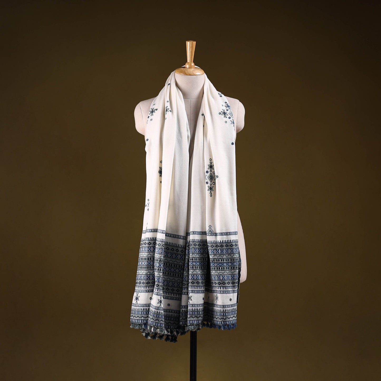 Kutch handwoven mirror work chomuk buta acrylic wool shawl