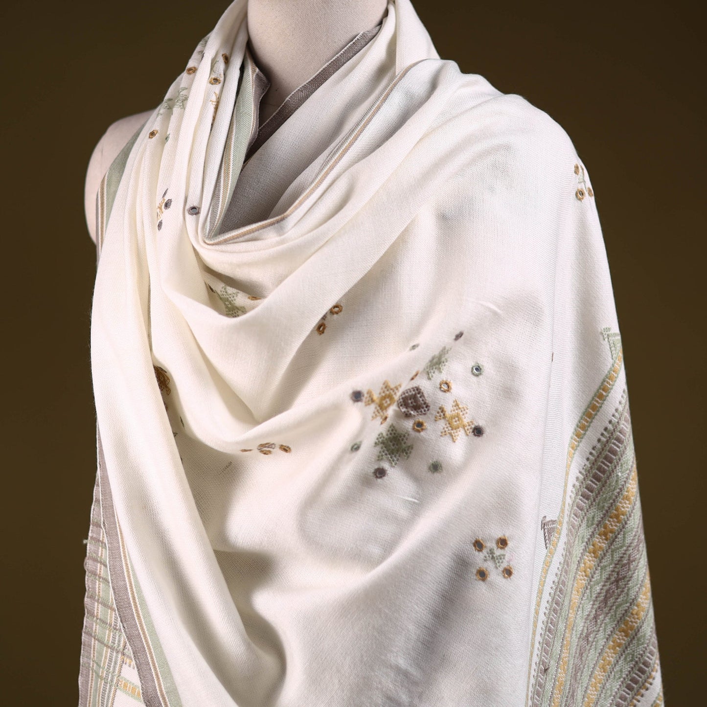 Kutch handwoven mirror work chomuk buta acrylic wool shawl