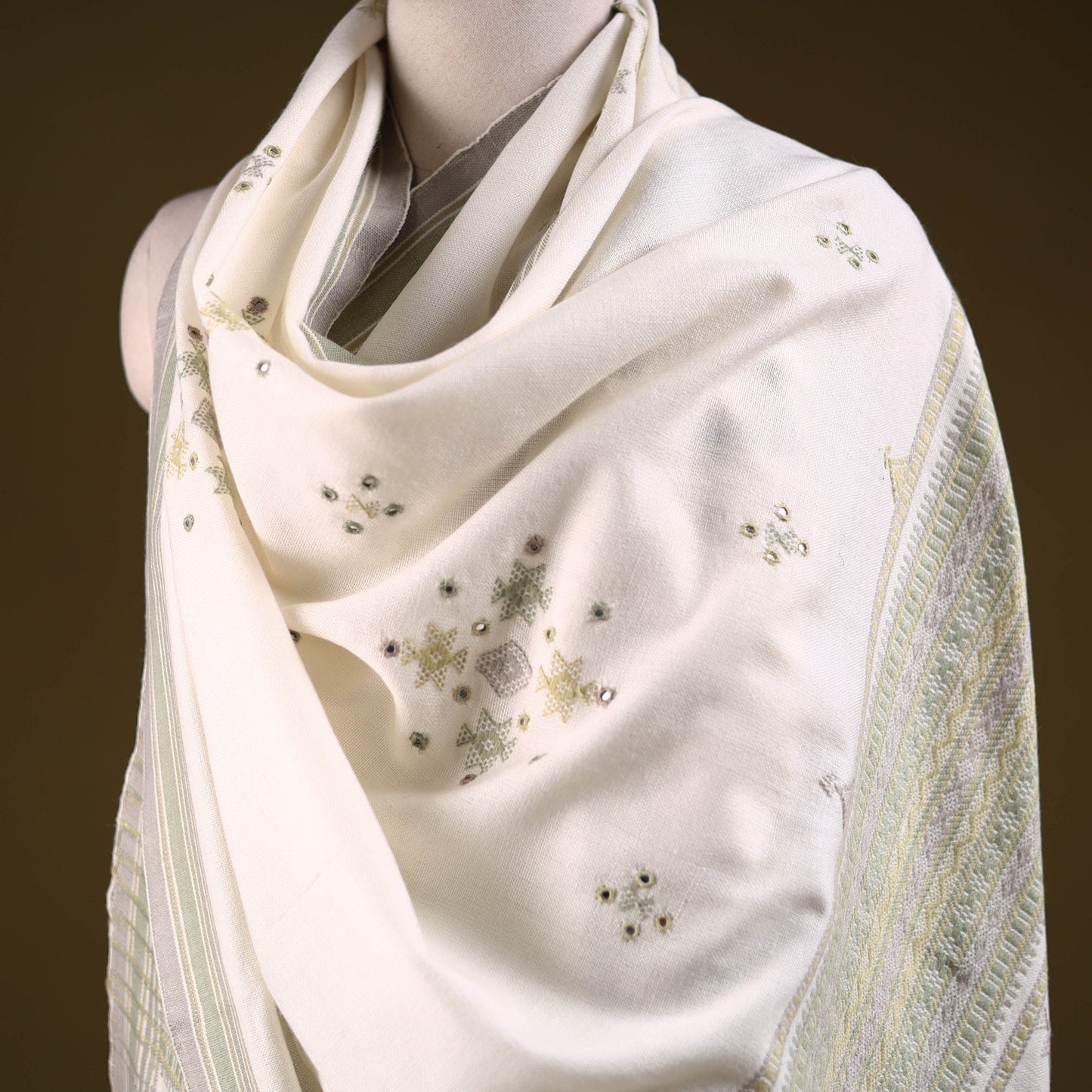 Kutch handwoven mirror work chomuk buta acrylic wool shawl