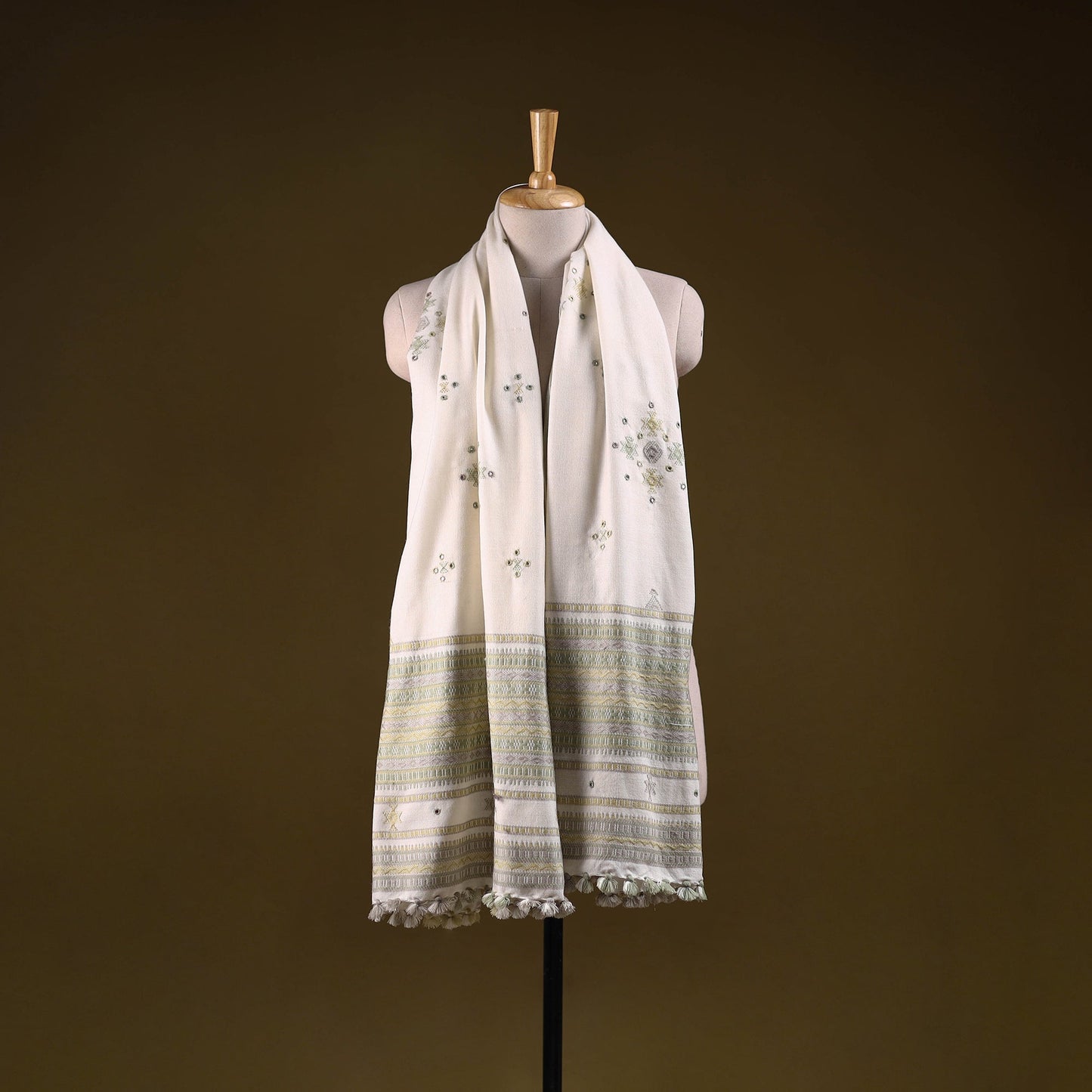 Kutch handwoven mirror work chomuk buta acrylic wool shawl