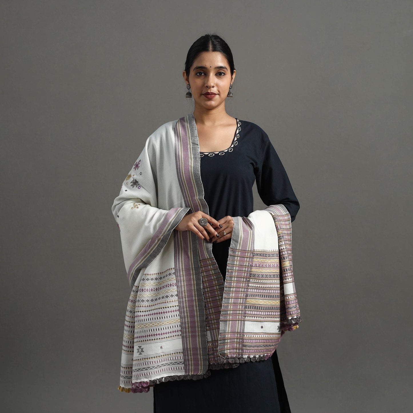  White Kutch Handwoven Mirror Work Woollen Shawl 