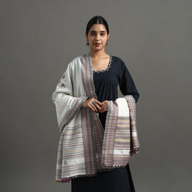  White Kutch Handwoven Mirror Work Woollen Shawl 