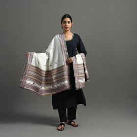  White Kutch Handwoven Mirror Work Woollen Shawl 
