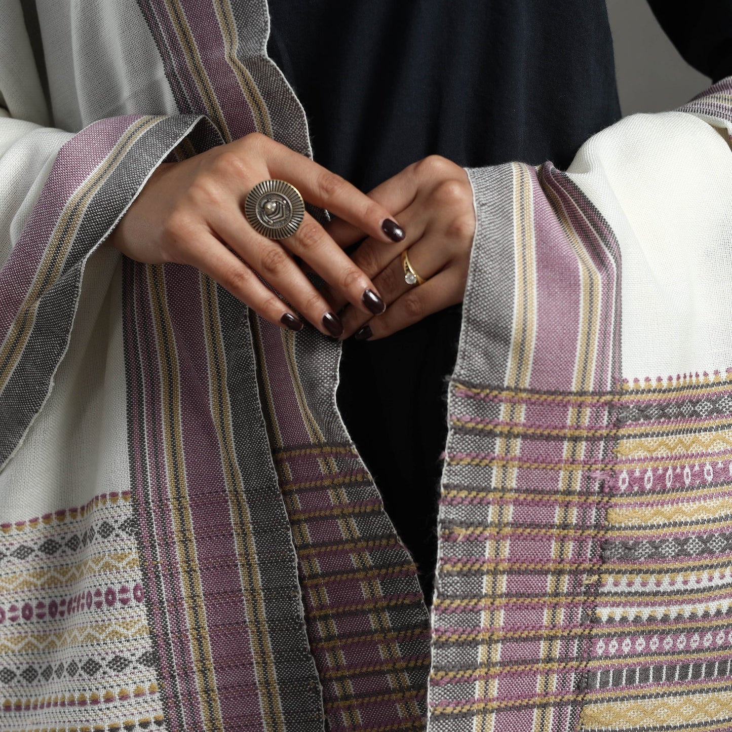  White Kutch Handwoven Mirror Work Woollen Shawl 