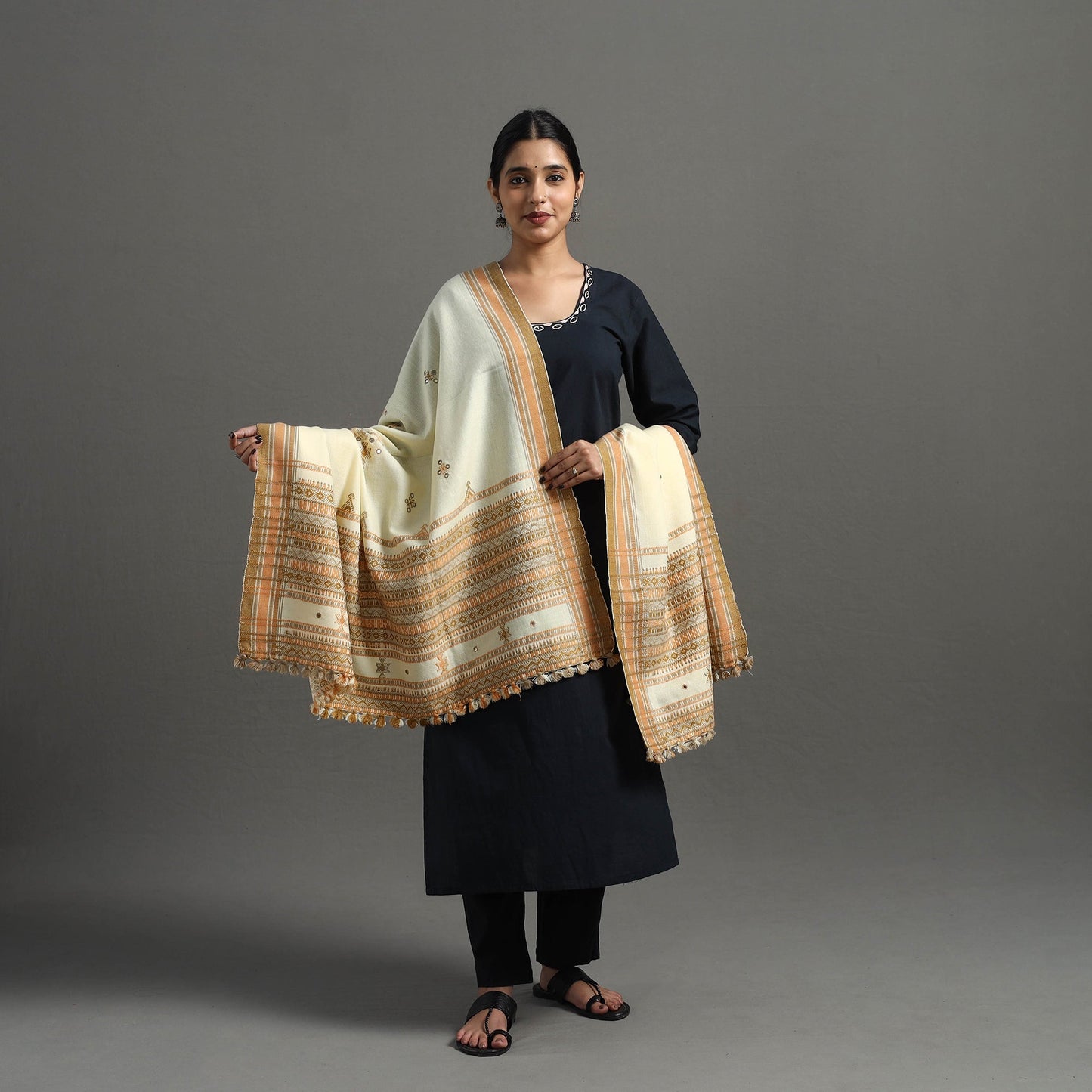  White Kutch Handwoven Mirror Work Woollen Shawl 