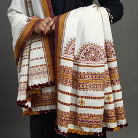 White Kutch Neran Hand Embroidery Mirror Work Woollen Shawl
