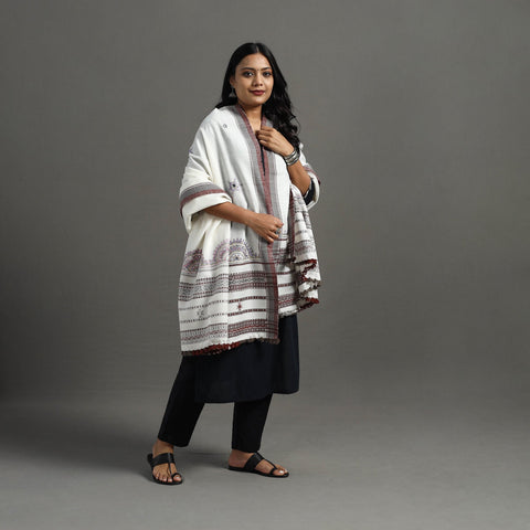 White Kutch Neran Hand Embroidery Mirror Work Woollen Shawl