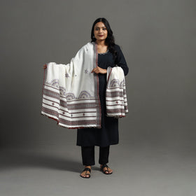 White Kutch Neran Hand Embroidery Mirror Work Woollen Shawl