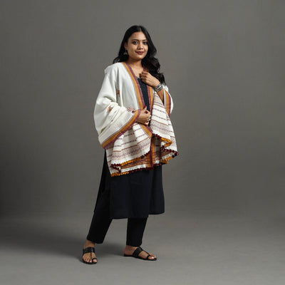 White Kutch Neran Hand Embroidery Mirror Work Woollen Shawl