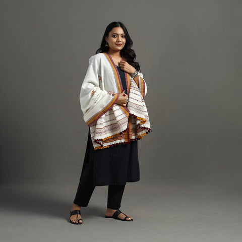 White Kutch Neran Hand Embroidery Mirror Work Woollen Shawl