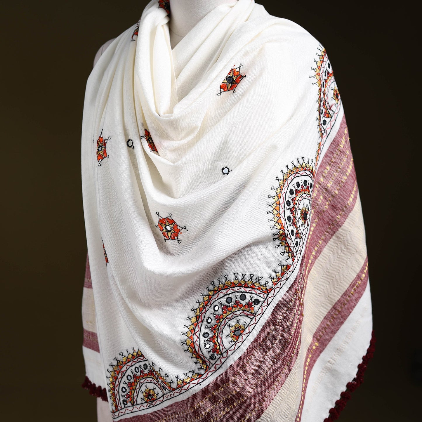 White - kutch neran hand embroidery mirror work woollen