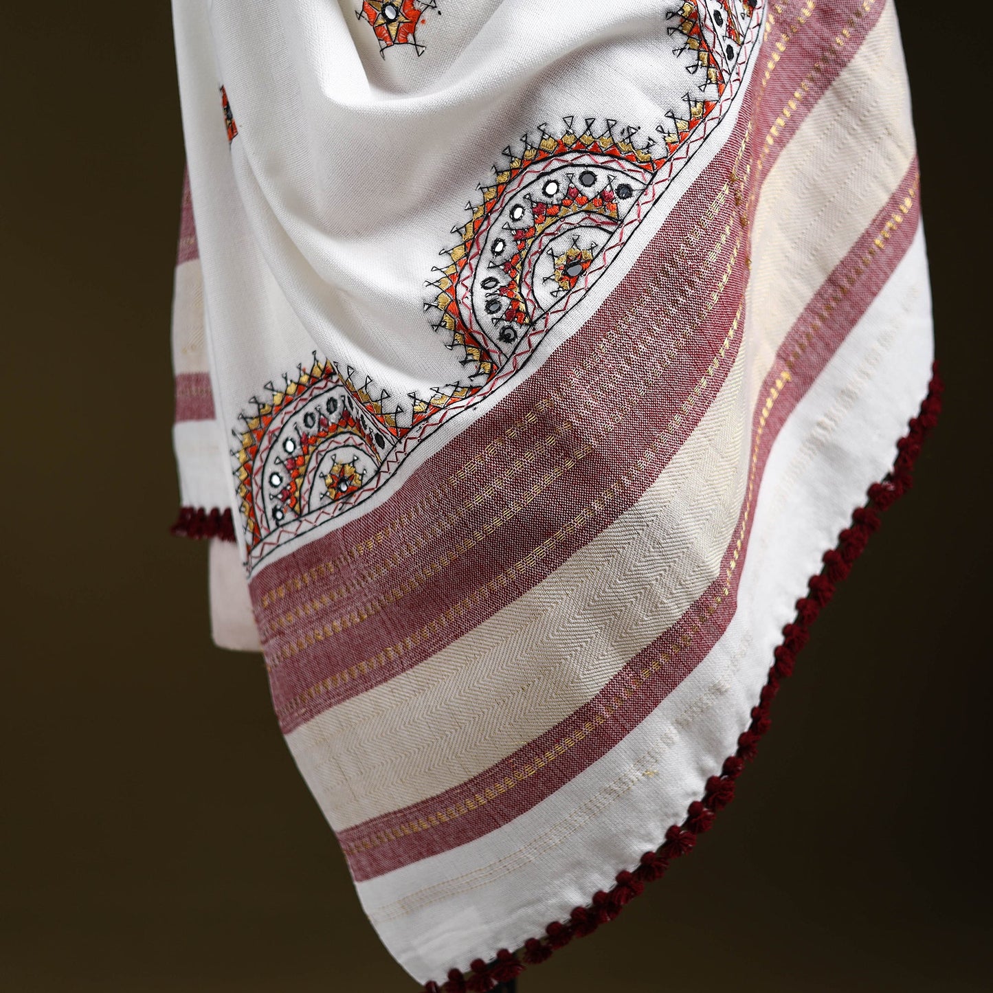 White - kutch neran hand embroidery mirror work woollen