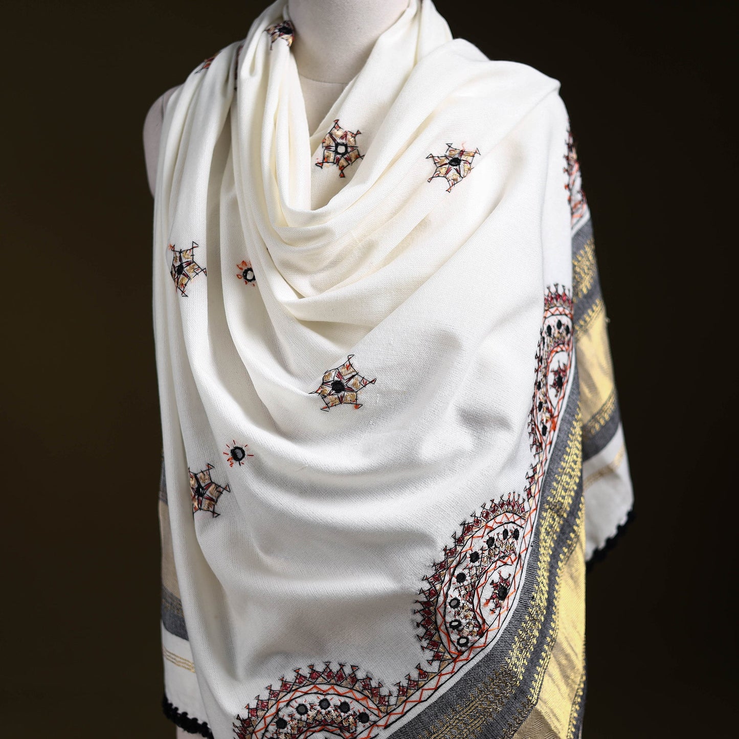 White - kutch neran hand embroidery mirror work woollen