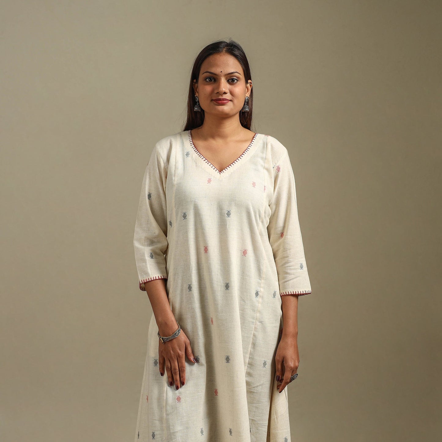 A-line cotton hand embroidered jamdani border thread buti