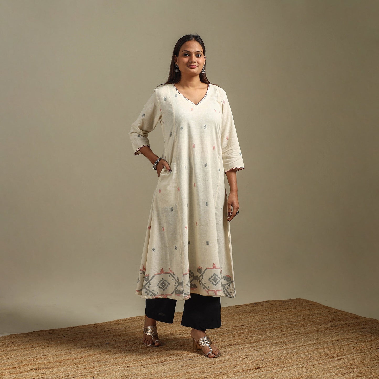 A-line cotton hand embroidered jamdani border thread buti