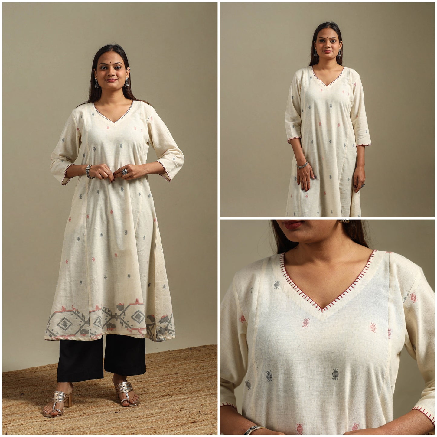 A-line cotton hand embroidered jamdani border thread buti