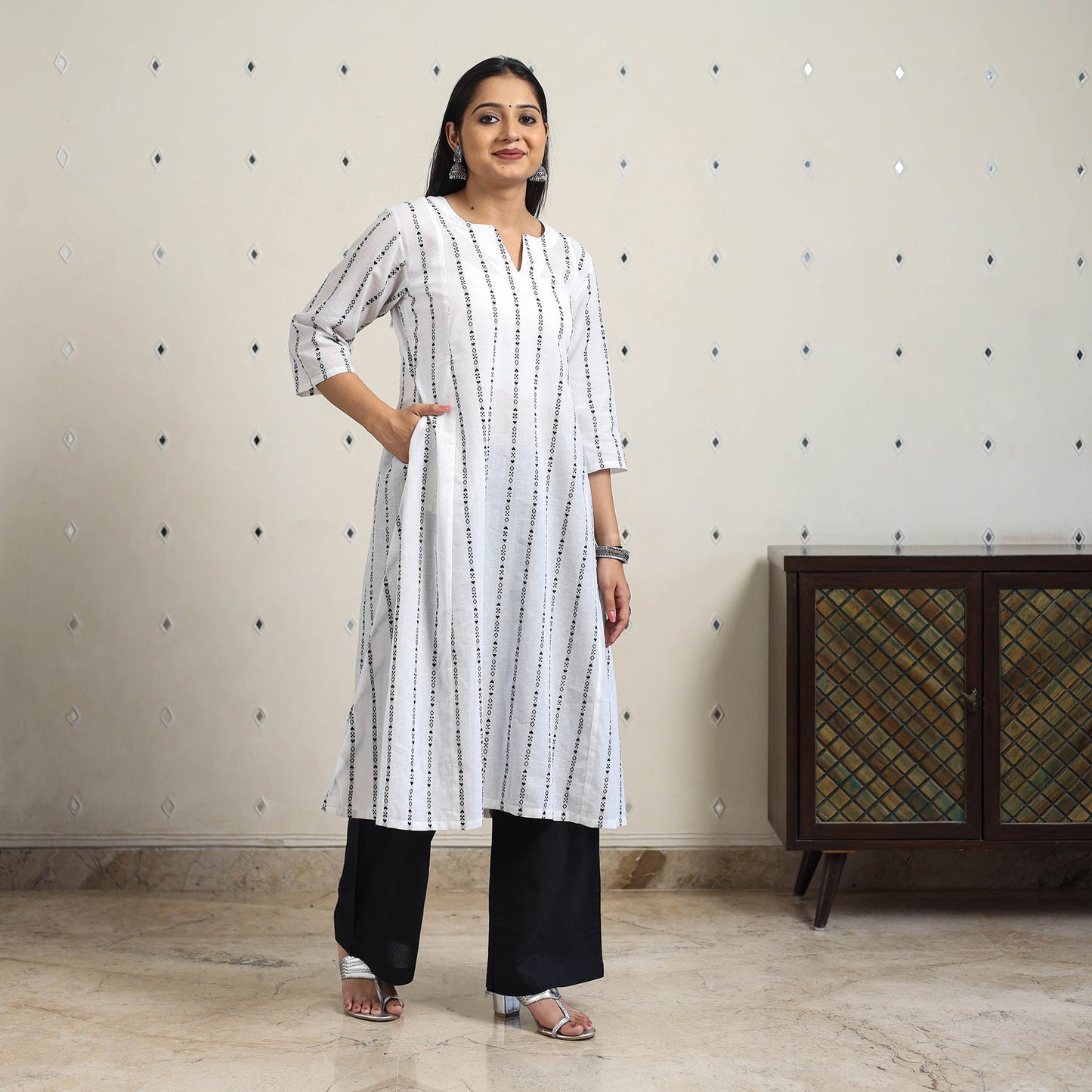 White A-Line Cotton Jacquard Kurta